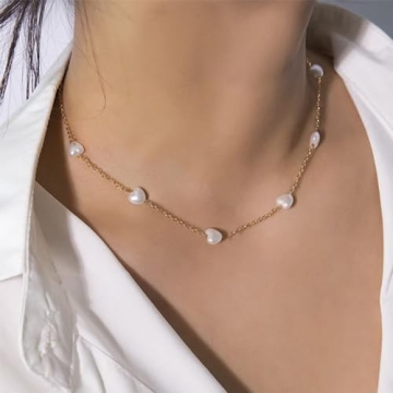 SmileBelle Gold Pearl Necklace, Heart Necklace as Pearl Jewelry Dainty Pearl Choker for Women, Summer Jewelry Gold and Pearl Necklace for Anniversary Gifts White Pearl Necklace as Wedding Jewelry