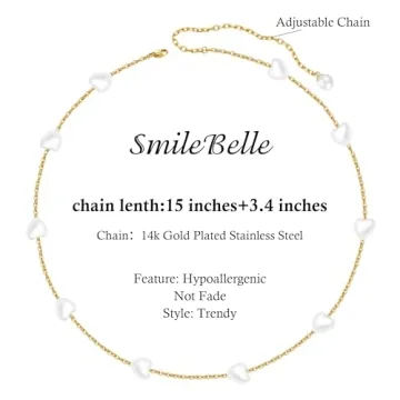 SmileBelle Gold Pearl Necklace, Heart Necklace as Pearl Jewelry Dainty Pearl Choker for Women, Summer Jewelry Gold and Pearl Necklace for Anniversary Gifts White Pearl Necklace as Wedding Jewelry