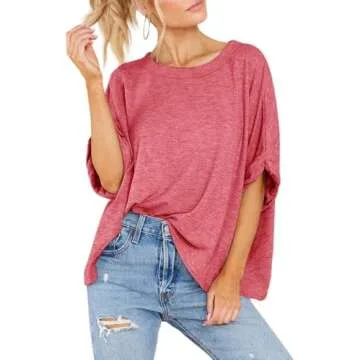 Langwyqu Womens Tops Oversized Tshirts Summer Short Sleeve T Shirts Business Casual Loose Fit Basic Tees Spring Fall Fashion Trendy Clothes 2025 Red