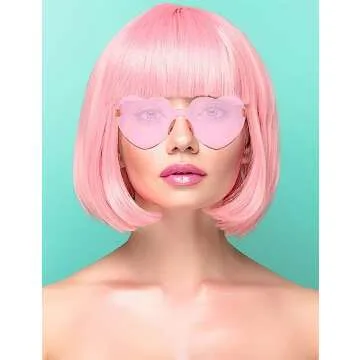 PLANTURECO Pink Wig and Party Sunglasses, Pink Wigs for Women, Pink Wig with Bangs, Light Pink Wig, Pink Bob Wig, Pink Cosplay Wigs and Party Wigs - Bachelorette Party Wigs Decorations Favors