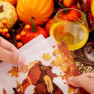 WDF 100 Pack Thanksgiving Napkins Paper - 3ply Fall Paper Napkins with Turkey Autumn Leaves 15.8 x 13 Inches Folded Fall Dinner Napkins Tableware Decor