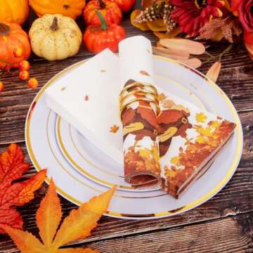 WDF 100 Pack Thanksgiving Napkins Paper - 3ply Fall Paper Napkins with Turkey Autumn Leaves 15.8 x 13 Inches Folded Fall Dinner Napkins Tableware Decor