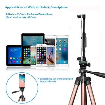 IPad Tripod Stand Universal Tablet Phone Mount Holder 51in Lightweight with Bluetooth Remote for iPad Pro 12.9 11 10.5,iPad Air Mini,Surface Tab,Galaxy Tab and 3.5 to 13.5in iPhone Tablet - Champagne