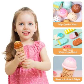 Wooden Ice Cream Set Counter Toy for Toddlers, Wooden Play Food Kitchen Accessories, Pretend Play Ic...