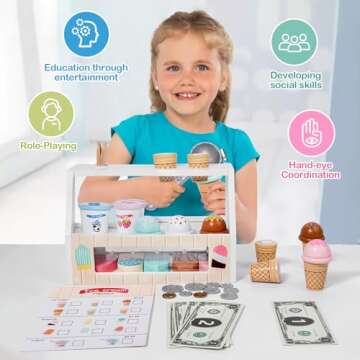 Wooden Ice Cream Set Counter Toy for Toddlers, Wooden Play Food Kitchen Accessories, Pretend Play Ice Cream Shop Toys for Kids Ages 3+, Play Store with Fake Money & Coin