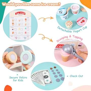 Wooden Ice Cream Set Counter Toy for Toddlers, Wooden Play Food Kitchen Accessories, Pretend Play Ice Cream Shop Toys for Kids Ages 3+, Play Store with Fake Money & Coin