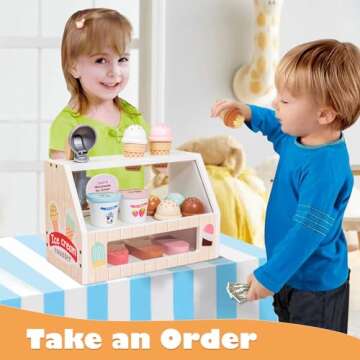 Wooden Ice Cream Set Counter Toy for Toddlers, Wooden Play Food Kitchen Accessories, Pretend Play Ice Cream Shop Toys for Kids Ages 3+, Play Store with Fake Money & Coin