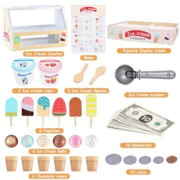 Wooden Ice Cream Set Counter Toy for Toddlers, Wooden Play Food Kitchen Accessories, Pretend Play Ice Cream Shop Toys for Kids Ages 3+, Play Store with Fake Money & Coin