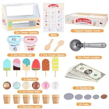 Wooden Ice Cream Set Counter Toy for Toddlers, Wooden Play Food Kitchen Accessories, Pretend Play Ice Cream Shop Toys for Kids Ages 3+, Play Store with Fake Money & Coin