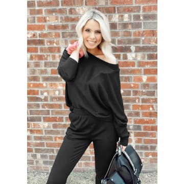 PRETTYGARDEN Women's Fall Fashion Outfits 2 Piece Sweatsuit Solid Color Long Sleeve Pullover Long Pants Lounge Set (Black,Large)