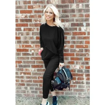 PRETTYGARDEN Women's Fall Fashion Outfits 2 Piece Sweatsuit Solid Color Long Sleeve Pullover Long Pants Lounge Set (Black,Large)