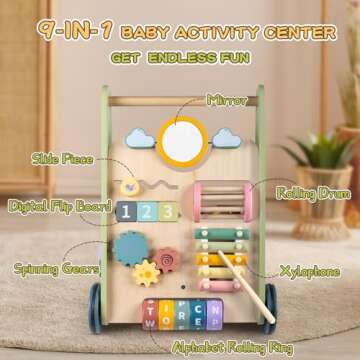 Wooden Baby Walker with Wheels, Baby Walker for Boys 6-12 Months Push Toy, Montessori Walking Toys f...