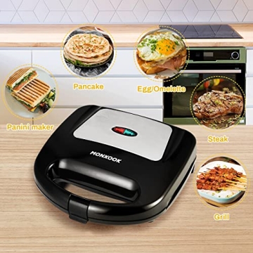 MONXOOK 750W Panini Press with Non-Stick Plates for Quick Cooking