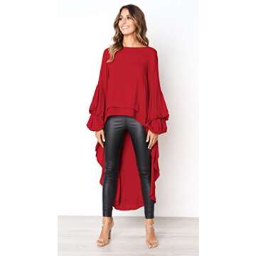 PRETTYGARDEN Women's Lantern Long Sleeve Round Neck High Low Asymmetrical Irregular Hem Casual Tops Blouse Shirt Dress (Red,Small)
