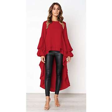 PRETTYGARDEN Women's Lantern Long Sleeve Round Neck High Low Asymmetrical Irregular Hem Casual Tops Blouse Shirt Dress (Red,Small)