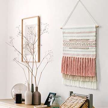 Dremisland Macrame Woven Wall Hanging Home Decor Bohemian Beige Geometric Wave Art Decor with Wool Ball and Tassle-Elegant Apartment Bedroom Dorm Room Door Decoration (Pink Line)