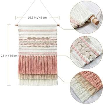Dremisland Macrame Woven Wall Hanging Home Decor Bohemian Beige Geometric Wave Art Decor with Wool Ball and Tassle-Elegant Apartment Bedroom Dorm Room Door Decoration (Pink Line)