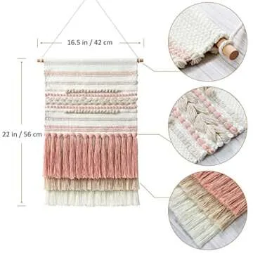 Dremisland Macrame Woven Wall Hanging Home Decor Bohemian Beige Geometric Wave Art Decor with Wool Ball and Tassle-Elegant Apartment Bedroom Dorm Room Door Decoration (Pink Line)
