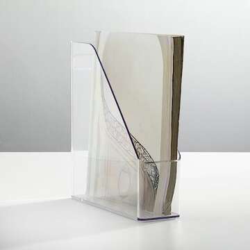 mDesign Plastic Slim Vertical File Folder Storage Organizer Bin with Handle - Hold Notebooks, Binders, Envelopes, Magazines for Home Office, Work Desktops, Ligne Collection, Clear