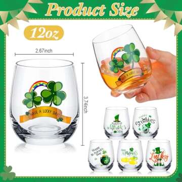 Zhehao 12 Pcs St Patrick's Day Wine Glass 12oz Shamrock Stemless Wine Glasses St Patrick's Day Steml...