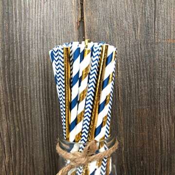 Navy Blue and Gold Foil Paper Straws - Stripe Chevron Solid - 100 Pack