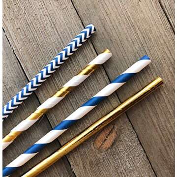 Navy Blue and Gold Foil Paper Straws - Stripe Chevron Solid - 100 Pack