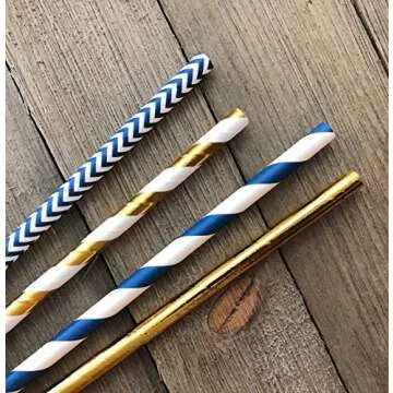 Navy Blue and Gold Foil Paper Straws - Stripe Chevron Solid - 100 Pack