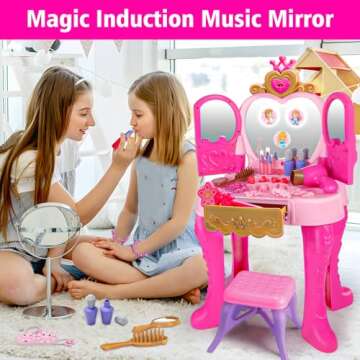 Toddler Vanity Magic Makeup Set Table and Chair Girl Toys Automatically Mirror with Music Light Pink Girls Toys 2 3 4 5 Year Old up Hair Salon Pretend Play Princess Dress Up Playset Gift Toddler 3-5