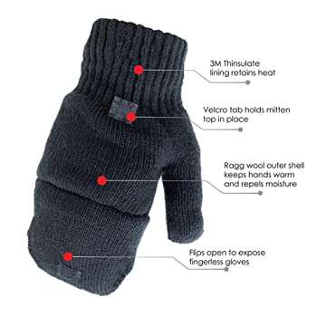 Illinois Glove Company 362 Rag Wool Glomitt Flip Mitten 3M Thinsulate Lined Gray (Large, Gray)