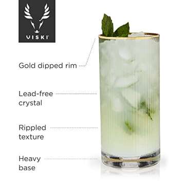 Viski Meridian Highball Glasses Set of 2 - Vintage Drinking Glass, Art Deco Ripple Glassware Design, 15oz Gold Rimmed Collins Glasses Set