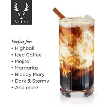 Viski Meridian Highball Glasses Set of 2 - Vintage Drinking Glass, Art Deco Ripple Glassware Design, 15oz Gold Rimmed Collins Glasses Set