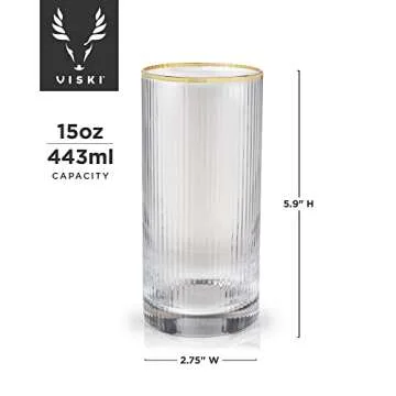 Viski Meridian Highball Glasses Set of 2 - Vintage Drinking Glass, Art Deco Ripple Glassware Design, 15oz Gold Rimmed Collins Glasses Set
