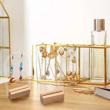 Yulejo Acrylic Earring Display Stand Jewelry Retail Holder Arch Acrylic Earring Holder Solid Hollow Acrylic Sign Stand Jewelry Displays with Wooden Bases for Studs Dangle Earrings (12)