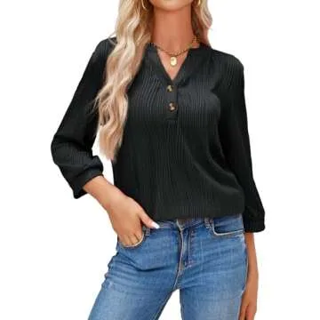 Tankaneo Womens 3/4 Sleeve Tunic Tops Loose Fit Dressy Casual V Neck Textured Shirts Black, Large