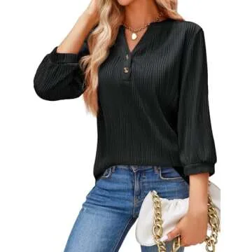 Tankaneo Womens 3/4 Sleeve Tunic Tops Loose Fit Dressy Casual V Neck Textured Shirts Black, Large