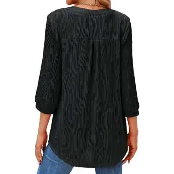 Tankaneo Womens 3/4 Sleeve Tunic Tops Loose Fit Dressy Casual V Neck Textured Shirts Black, Large