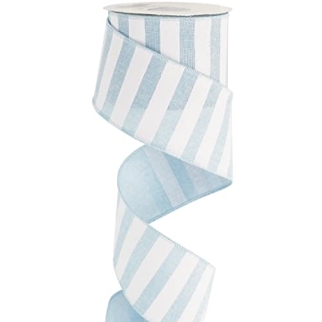 MEEDEE Blue White Stripe Ribbon - 2.5" Wired Blue Burlap for Baby Showers, 10 Yards