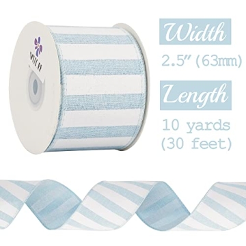 MEEDEE Blue White Stripe Wired Ribbon for Baby Showers