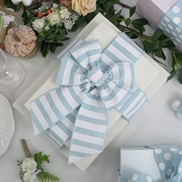 MEEDEE Blue White Stripe Wired Ribbon for Baby Showers