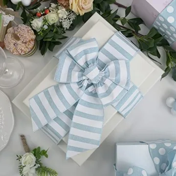 MEEDEE Blue White Stripe Wired Ribbon for Baby Showers