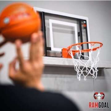 RAMGOAL Wall Mounted Indoor Adjustable Mini Basketball Hoop with Ball | 24" Shatter Resistant Backboard with Professional Grade Breakaway Rim and Steel Reinforced Wall Mount Built for Slam Dunks