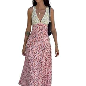 Women V Neck Floral Strappy Long Dresses Bodycon Sexy Sleeveless Slim Fit Maxi Dress Party Beach Summer Sundress (Pink, S)