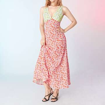 Women V Neck Floral Strappy Long Dresses Bodycon Sexy Sleeveless Slim Fit Maxi Dress Party Beach Summer Sundress (Pink, S)