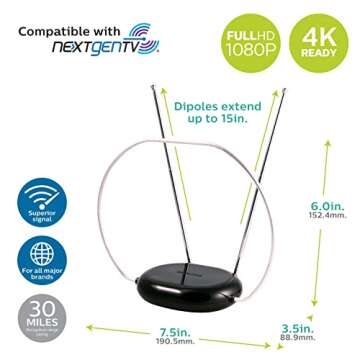 Philips Rabbit Ears Indoor TV Antenna for Free HD Channels