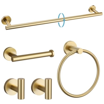 TURS Brushed Gold 5 Piece Bathroom Hardware Set - SUS304 Stainless Steel, Elegant Design, Easy Insta...