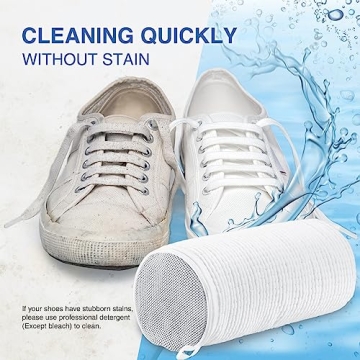 Teletrogy Shoe Washing Bag for Washing Machine, Fluffy Fibers Keep 360° Wrap-around Cleaning, 2 Pairs Adjustable Shoe Trees, Durable Hidden Zipper Reusable Shoe Laundry Bag for Sneaker Gym Shoes White