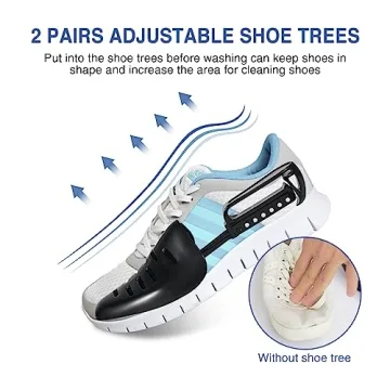 Teletrogy Shoe Washing Bag for Washing Machine, Fluffy Fibers Keep 360° Wrap-around Cleaning, 2 Pairs Adjustable Shoe Trees, Durable Hidden Zipper Reusable Shoe Laundry Bag for Sneaker Gym Shoes White