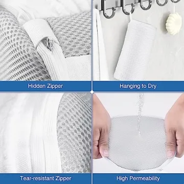 Teletrogy Shoe Washing Bag for Washing Machine, Fluffy Fibers Keep 360° Wrap-around Cleaning, 2 Pairs Adjustable Shoe Trees, Durable Hidden Zipper Reusable Shoe Laundry Bag for Sneaker Gym Shoes White