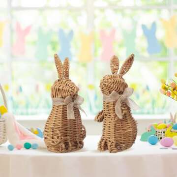 Wesiti 2 Pack Rattan Bunny Decoration, Easter Natural Rattan Sedentary & Stand Rabbit Statue Figurine for Home Spring Farmhouse Easter Table Decoration