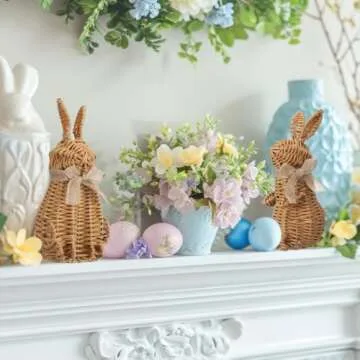 Wesiti 2 Pack Rattan Bunny Decoration, Easter Natural Rattan Sedentary & Stand Rabbit Statue Figurine for Home Spring Farmhouse Easter Table Decoration